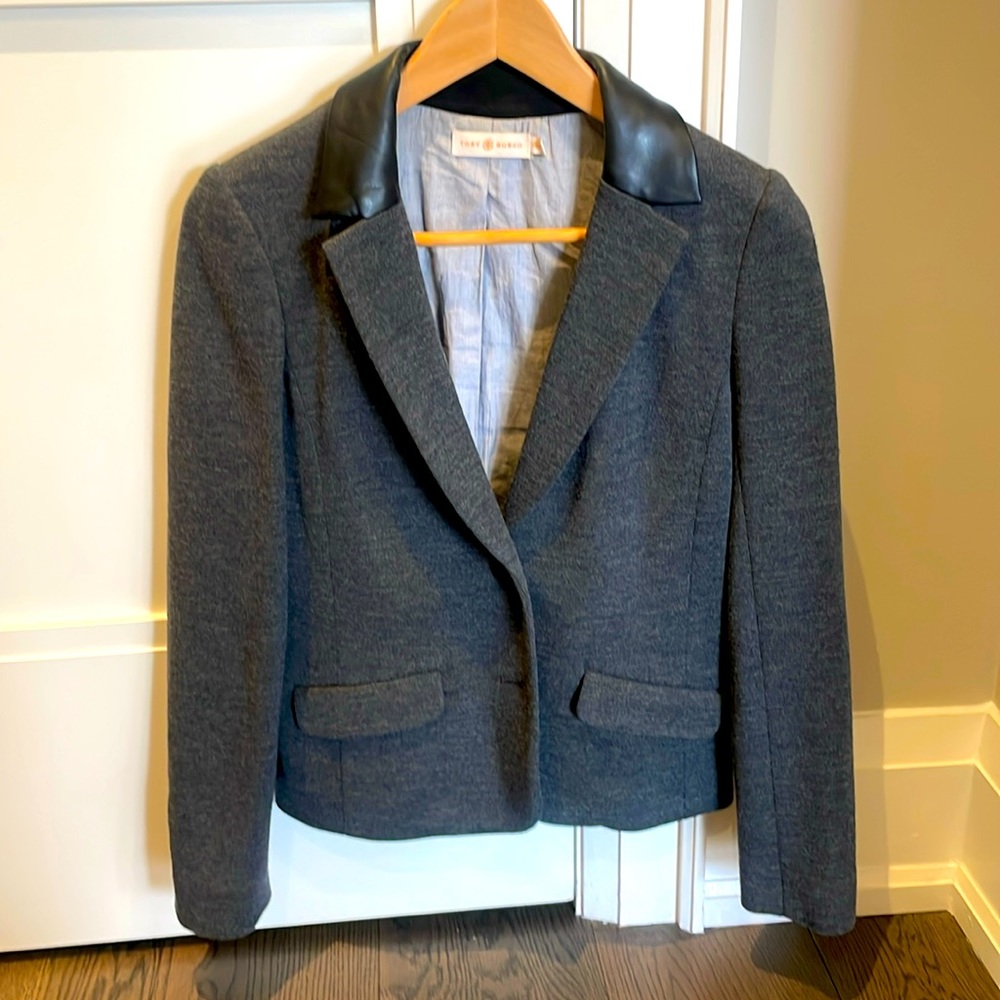 Tory Burch Blazer XS Gray with Black faux leather collar